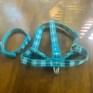 Blue Plaid Dog Harness and Collar Set